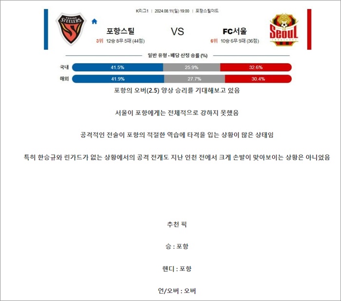 8월 11일 K리그1 포항스틸 FC서울